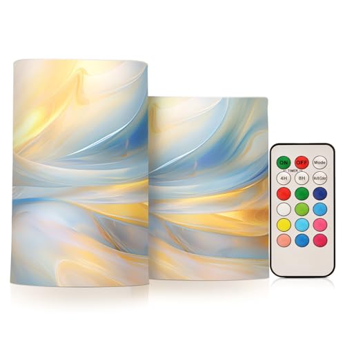 Image of Flickering Flameless Candles, Blue Gold Marble LED Candles with Remote Timer, Set of 2 Battery Operated Candle for Valentine Wedding Birthday
