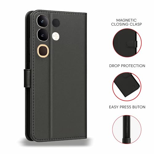 Image of AIBEX Shock Proof Flip Compatible for IQOO Z10X 5G / Vivo T4X 5G Flip Cover Leather Finish | Inside TPU with Card Pockets | Wallet Stand | Complete Protection Flip Case - Black