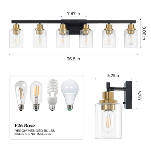 Image of 6-Light Vanity Lights Bathroom Light Fixtures,Black and Gold,37 inch | Modern Bathroom Vanity Light over Mirror with Clear Glass Shade,Farmhous Wall Mounted for Bathroom,E26 Base