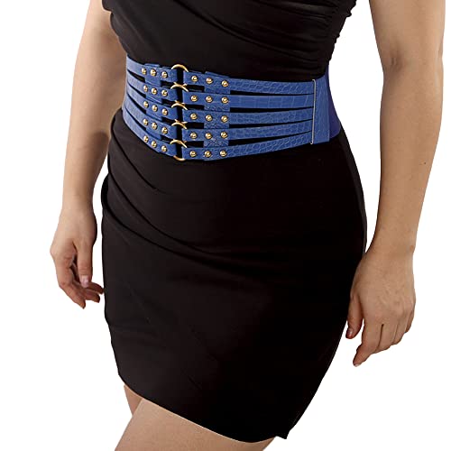 Wiwpar Hollow Out Rivets Cinch Belt Tied Corset Elastic Wide Belt Fashion Women's PU Leather Waist Belt Vintage Punk Rock Jeans Belts Mother's Day Christmas Gifts for Women Girls (Blue)2