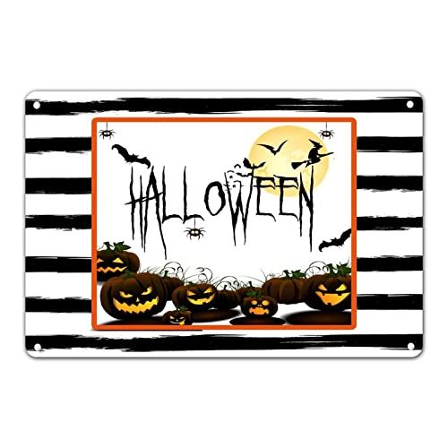 Letrero de metal con diseño de Jack-o-Lantern de Halloween con luna llena, murciélagos, bruja, murciélagos, decoración de Halloween, fiesta de vacaciones, bandeja escalonada, letrero decorativo para