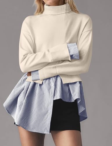 Image of MISSACTIVER Women Slit Turtleneck Patchwork Sweater 2 in 1 Buttons Down Pullover Knit Sweater Asymmetrical Hem Shirt Top