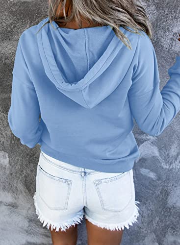 Shewin Womens Casual Hoodies Long Sleeve Drawstring Lightweight Solid Hooded Oversized Sweatshirts Button Loose Pullover Tops Fall Clothes With Pocket,Us 16-18(Xl),Sky Blue #TOP2