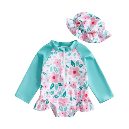 Carolilly Traje de baño Anti-UV Bebé Niña Masajes Largos Traje de baño Piscina de una pieza con volantes Swimwear Impreso con Sombrero, Verde Claro Florido, 6-9 Meses