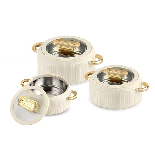 Image of CELLO Castella Deluxe Insulated Steel Casserole Case Set of 3 Pcs, Ivory (1000ml, 1500ml, 2500ml) | Airtight See Through Lid, Hot Pot Box Keeps Food Hot & Warm, Casserole Set for Roti Chapati Rice