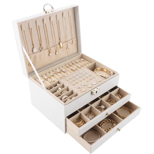 APACALI 1 boîte à bijoux élégante à 3 niveaux avec 2 tiroirs, pour femme, en cuir, idéale pour colliers, bracelets, bagues et boucles d'oreilles, blanc