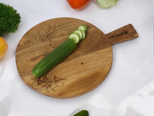 Image of Vesta Homes Wooden Round Chopping Board /Cutting Board /Serving Board, Plate for Pizza, Vegetables, Fruits and Cheese | Natural Acacia Wood | 44 x 33 x 1.5 cm | Handcrafted | Made in India