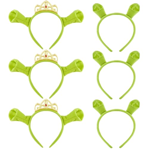 Srotmirw 6Pcs Green Ogre Ears Princess Headband with Ears and Crown for Women Adult Halloween Parties Cosplay Costume Accessories