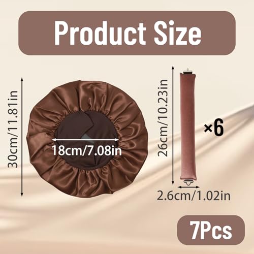 7 Pcs Jumbo Flexi Rods for Big Curls, Non Heat Hair Curlers for Overnight Curls, Blow Out Rods with Sleep Cap, Six brown non-heat curling rods and one coffee-colored sleeping cap - Image 3