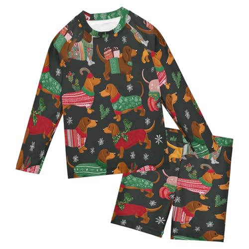 Dachshund Holly Leaf Snow Boys Swimsuit Rash Guard Toddler Kids Long Sleeve Swim Shirt and Trunks Swimwear Set 3-10Y