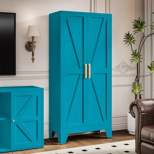Image of LCAOPC 61 inch Tall Metal Storage Cabinet with 2 Doors and 3 Adjustable Shelves, 4-Tier Kitchen Pantry Storage Cabinet for Kitchen, Living Room, Dining Room and Office, Blue