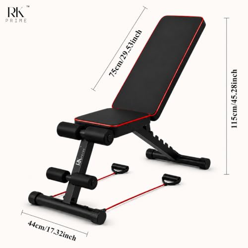 Image of RK Prime Adjustable Gym Bench for Home Workout | 310 Kg Capacity | 7-Level Incline Decline Flat | Foldable Bench Press with Resistance Bands | Sweat-Resistant Cushion | Heavy Duty Steel Frame