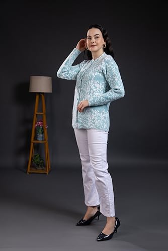 Image of Wear lusso Women Woolen Round Neck Self Design Cardigan | Heavy Hair Fabric Winter Wear | Pure Wool Long Cotty Fully Warm Cardigan Sweater