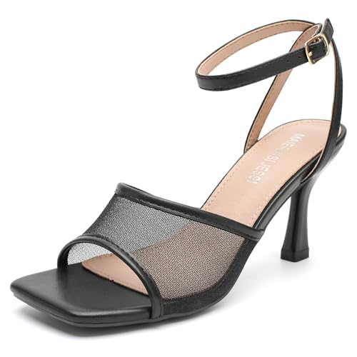 MAIERNISI JESSI Womens Mesh Kitten Heel Sandals Square Open Toe Buckle Ankle Strap Summer Dressy Shoes