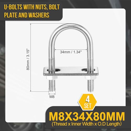 Image of DTGN M8x34x80mm U Bolts Round Kit - 4Set - 304 Stainless Steel U-Bolt Kit with Nuts, Washers, Frame Plate - Good for Pipe, Trailer, Automotive, Leaf Spring Fastener