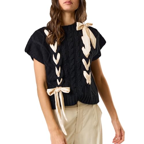 Image of Argeousgor Womens Y2k Lace Up Ribbon Sweater Vest Bow Twist Cap Sleeve Crochet Vest Mock Neck Pullover Knit Sweaters (Black, M)