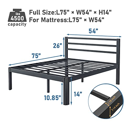 Woozuro Full-Size Bed-Frame With Headboard, 14 Inch Heavy Duty Metal-Platform Bed Frames No Box Spring Needed, Round-Corner Leg Design Mattress Foundation, Easy Assembly Noise Free, Black #TOP2