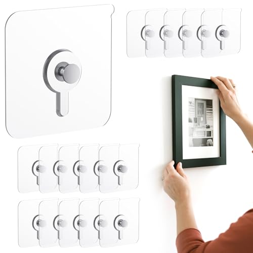 Image of 16 Pcs Picture Hangers Without Nails, 20 Ibs Load Heavy Duty Self Adhesive Wall Hooks for Hanging, Waterproof Adhesive Picture Hooks for Bathroom Kitchen, Transparent Sticky Hooks for Frames