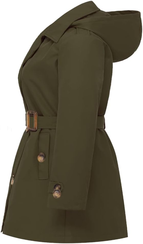 Chrisuno Women's Plus Size Double Breasted Trench Coats Mid-Length Belted Overcoat Dress Jacket with Detachable Hood - Image 3