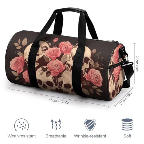 Large Skulls Pink Roses Travel Gym Bag for Women Men Cylindrical Duffle Bag Sport Workout Bag with Shoulder Strap2
