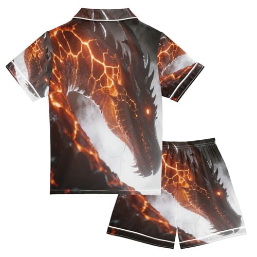 Satin Pajama Sets Short Sleeve Fiery Dragon with Glowing Veins Button Down Silky Nightwear 2 Piece PJS 5-14Y2