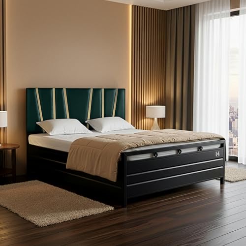 Image of Furniture Beliza Metal Bed Frame with Hydraulic Storage, King Size Platform Bed, Bed with Storage, Iron Bed Frame - Black (Pine Headboard) (King Size 6X6 with Mattress)