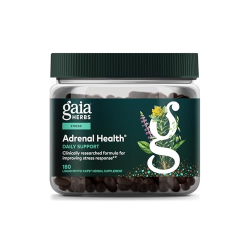 Gaia Herbs Adrenal Health Daily Support - Herbal Supplement with Ashwagandha, Holy Basil & Schisandra - Help Maintain Healthy Energy & Stress Levels* - 180 Vegan Liquid Phyto-Caps (90 Servings)