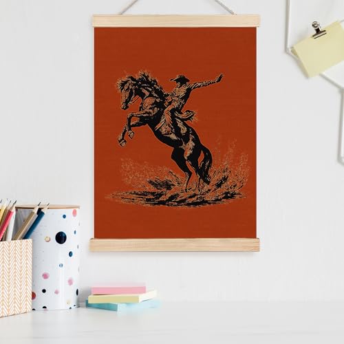 Image of PQKIY Burnt Orange Vintage Western Cowboy Wall Art Poster Hanger Frame 12x16 in, Western Cowboy Equestrian Rodeo Horse Wall Decor Canvas Prints for Home Room Office Men Cave