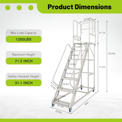 Image of 7-Step 23.3 inchW x 102.5 inchH Rolling Ladder with Handrails, Non-Slip Platform, Lockable Wheels, 1500LBS Capacity, Industrial & Warehouse Stairs, Easy to Move,Stable for Library, Supermarket, Garage