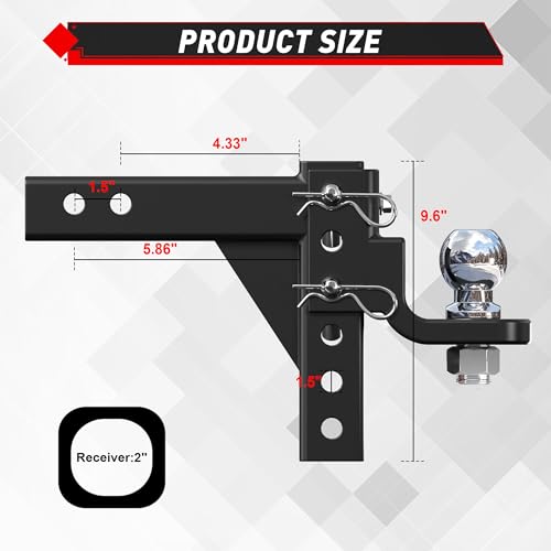 Image of TYT Adjustable Trailer Hitch Ball Mount, 2 inch Towing Ball 7500 LBS, 9-1 /2 inch Drop and 8-1 /4 inch Rise, Fits 2-in Receiver with 2 Pin&Clips and 5 /8 inch Premium Pin Lock for Heavy Duty Truck
