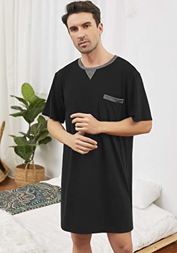 Men Summer Short Sleeve Nightshirt Knee Length Nightgown Cotton Sleep Shirt Lounge Wear with Chest Pocket2