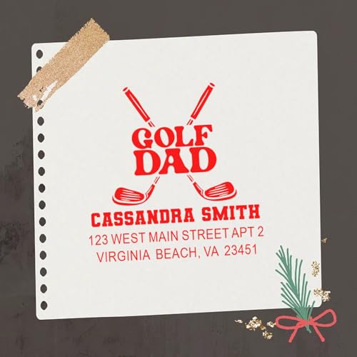 Image of Golf Dad Pride Club Wood Handle Rubber Stamp - Crafter Address Stamp | Hand Stamp With Wood Handle. Any standard pad works. Personalized Golf Stamp. Takes permanent ink. 3 lines of custom text.