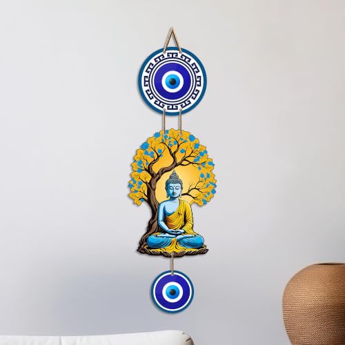 Image of Artvibes Buddha Under Bodhi Tree Wall Hanging with Evil Eye Protection Charm | Spiritual Meditation Decor for Peace | Harmony and Positive Energy | Wall Art for Living Room | Yoga Room (WH 8595N)
