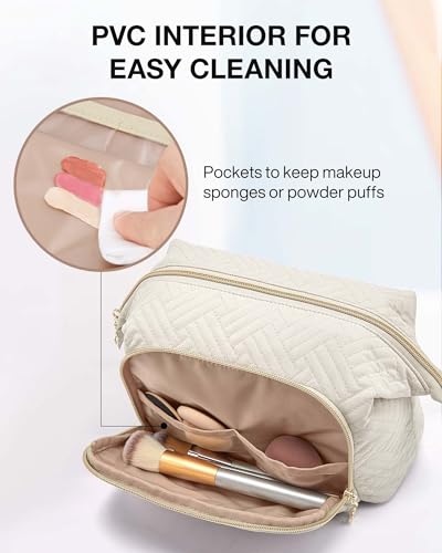 Image of BAGSMART Travel Makeup Bag, Cosmetic Bag Small Make Up Organizer Case,Wide-open Pouch for Women Purse for Toiletries Accessories Brushes,Small Beige