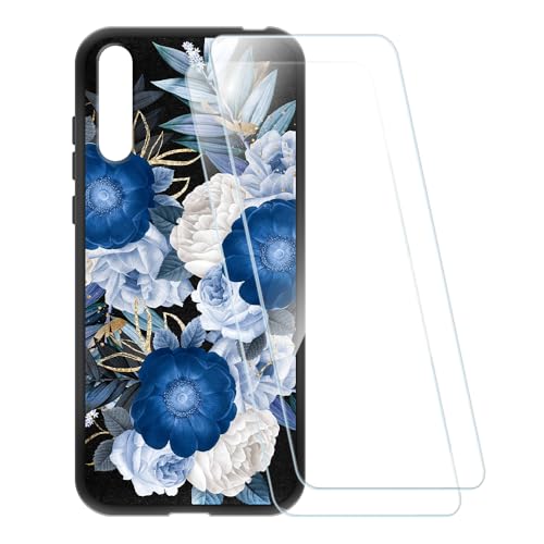 ESCAMOT Funda Estampada + 2 Protectores de Pantalla Vidrio Templado Compatible con Huawei Honor 30i, Carcasa Suave Antigolpes y Película HD (Flores Azules)