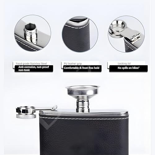 Image of Stainless Steel Hip Flask for Men & Women 8oz (236ml) - Whisky Flask Vodka Alcoholic Liquor Holder with Funnel Drinks Pocket Carrying Case - Leakproof Travel Flasks for Drinks, (Black JW)