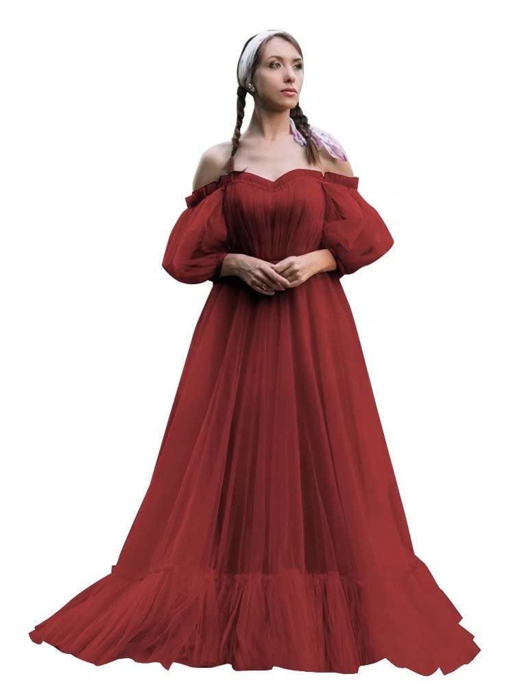 Sayno Women's Wine Red Prom Dress Off Shoulder Puffy Half Sleeve Tulle Ball Gown Princess A Line Formal Gown Uk8