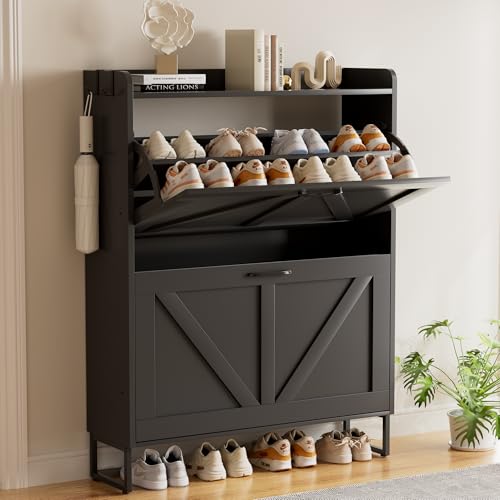 EOYUTLLY Shoe Cabinet for Entryway with 2 Flip Drawers,Narrow Wooden Shoe Storage Cabinet with Metal Legs,Hold 24 Pairs, 4-Tier Adjustable Shelves–Freestanding Hidden Shoe Organizer for Hallway, Foyer
