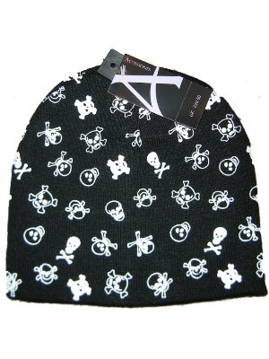 ladies / Girls Beanie Hat with White Skulls