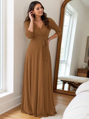 Image of PinkPatty Plus Size Maxi Dress for Women 3 /4 Sleeve Casual Long Dress | Soft stretchy fabric, functional pockets, flattering wrap v neck for vacation, casual wear and everyday styling