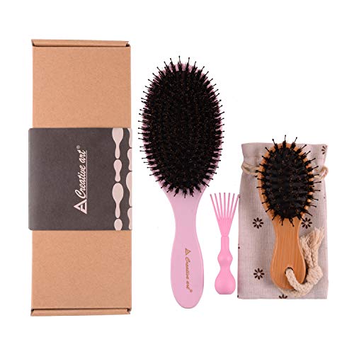 Boar Bristle Hair Brush Set, Natural Wooden Handle Boar Bristle Hair Brush With Mini/Small/Portable Travel Bamboo Handle Boar Bristle Hair Brush - Both With Detangling Nylon Pin, For All Hair Types