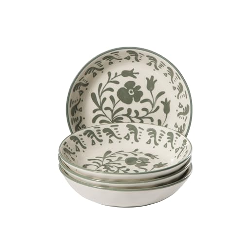Bloomhouse - 2-Time Oprah’s Favorite Things - Valencia Flor 4 Piece Dinner Bowl Set, 8” Stoneware Pasta Bowls, Mediterranean Floral Decal Design, Microwave & Dishwasher Safe, Fern Green