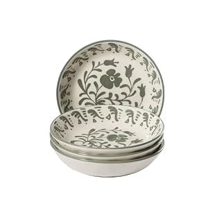 Bloomhouse – 2-Time Oprah’s Favorite Things – Valencia Flor 4 Piece Dinner Bowl Set, 8” Stoneware Pasta Bowls, Mediterranean Floral Decal Design, Microwave & Dishwasher Safe, Fern Green