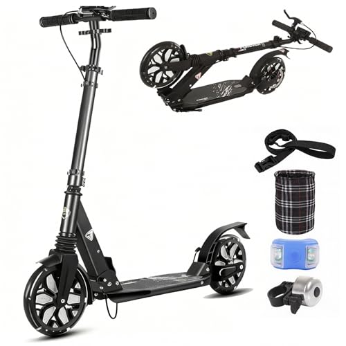 ZQHQKJ Kick Scooters for Kids 8-12, Foldable Big Wheel Scooters with Suspension and Adjustable Height Equipped, Max Load 300 LBS,Black
