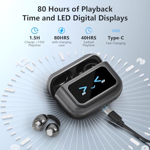 Image of Ultra Open Ear Headphones Bluetooth 5.4 Wireless Clip On Earbuds with Digital Display Charging Case 60 Hours Playtime Sport Earphones Built-in Mic IPX7 Waterproof for Running Fitness Black