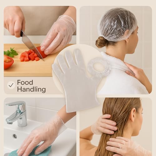 Image of Adbeni Disposable Transparent Gloves 100 Pcs & Shower Caps 50 Pcs | Waterproof, Latex-Free | For Hair Coloring, Food Handling, Cleaning, Bathing, Kitchen & Salon | One Size Fits Most