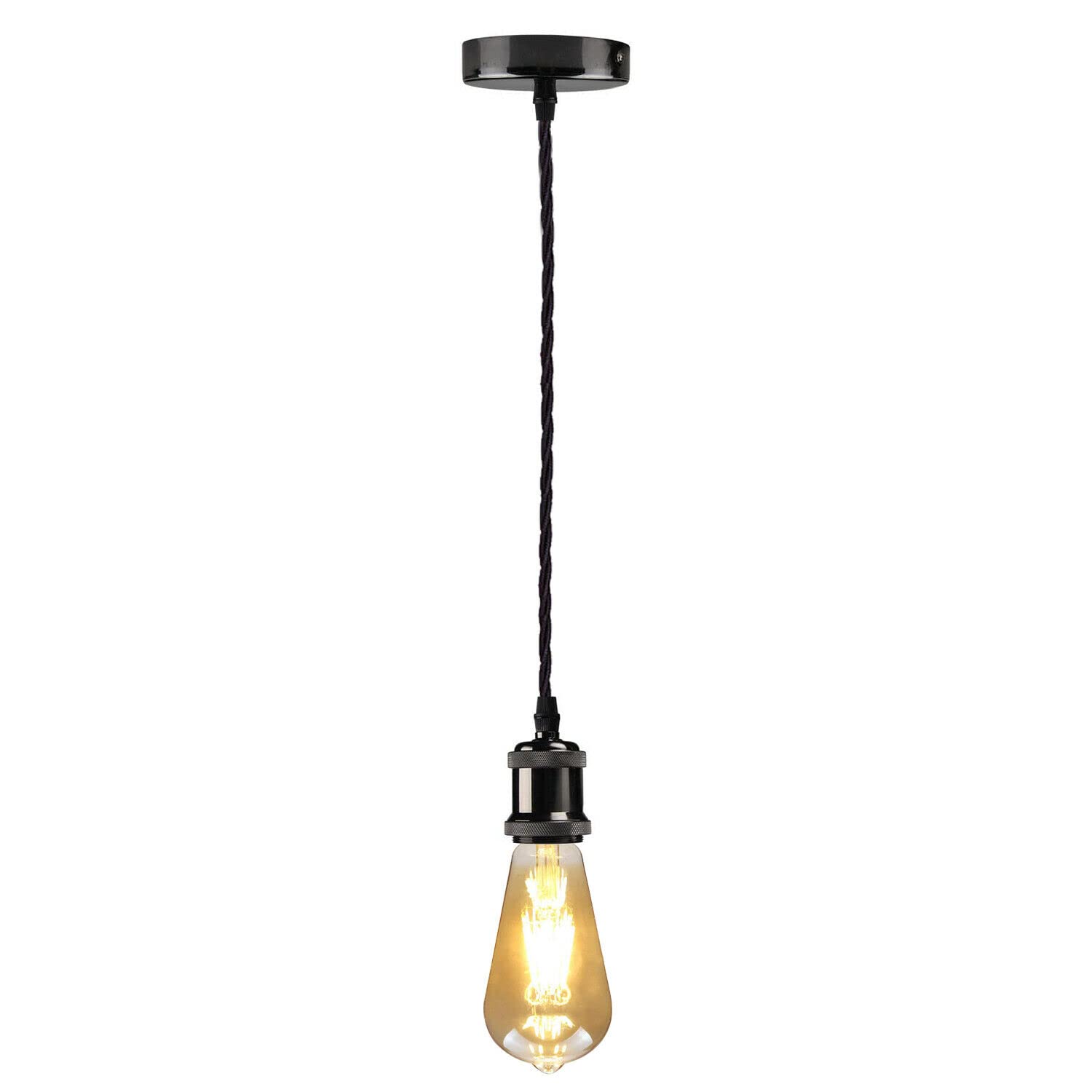 LEDSone Matt Black Vintage Metal Ceiling Pendant Light Fitting, Twisted Braided Flex 1m Cable, E27 Lamp Holder Suspended Pendant Light Fitting Kit for Indoor Lightings (with Bulb)