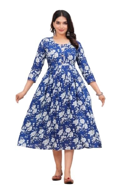 Women's Floral Print Maternity Dress, Royal Blue with White Flowers, Cotton, 3/4 Sleeve, Empire Waist, Button Front (in, Alpha, M, Blue)-image-10