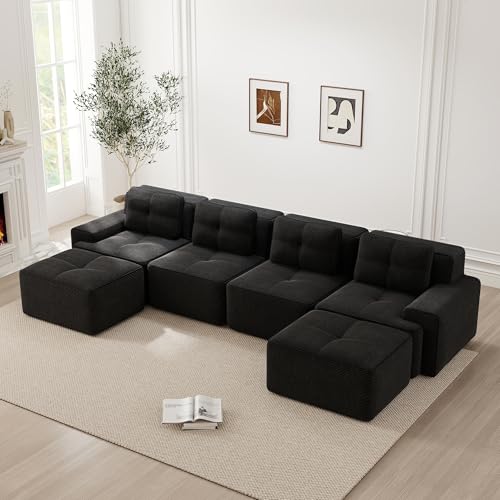 MSMOK Boneless Sofás para sala de estar, negro, modular con chaise longue en forma de U, 4 plazas, cómodo acolchado de asiento bajo, sofá en la nube, sofá sin montaje, diseño antideslizante