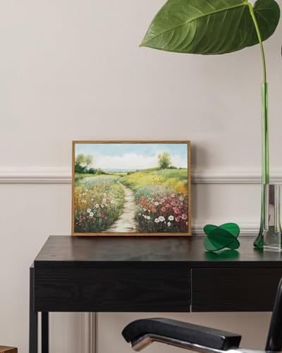 Image of KISSFOX Vintage Framed Wall Art Decor Spring Landscape Pictures Wall Decor Rustic Wildflower Path Paintings Countryside Canvas Art Prints Modern Farmhouse Artwork For Bedroom Kitchen Living Room